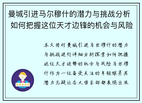 曼城引进马尔穆什的潜力与挑战分析 如何把握这位天才边锋的机会与风险